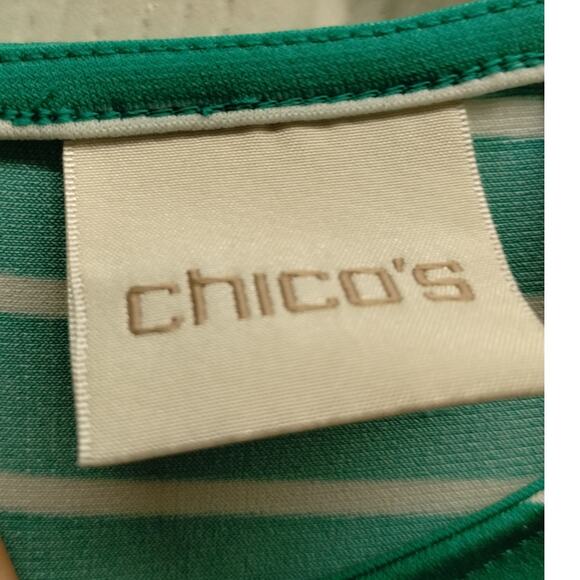 Chico's Size 1 (Medium) Green White Striped Flutter-Sleeve Keyhole-Back Top - Picture 6 of 8